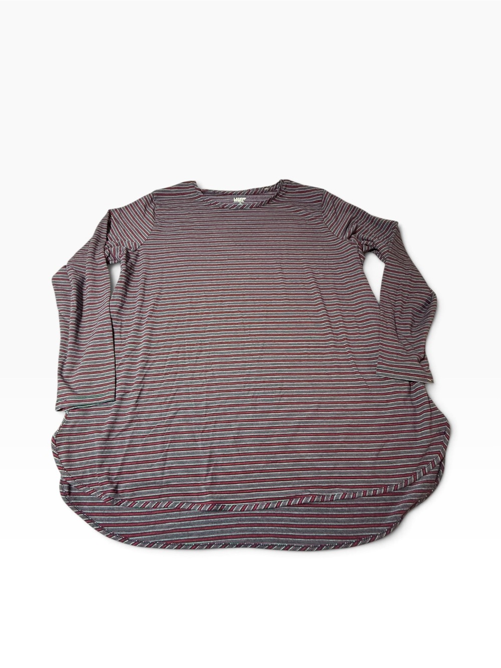 Lands' End Striped Long-Sleeve Scoop-Hem Top - Burgundy & Gray